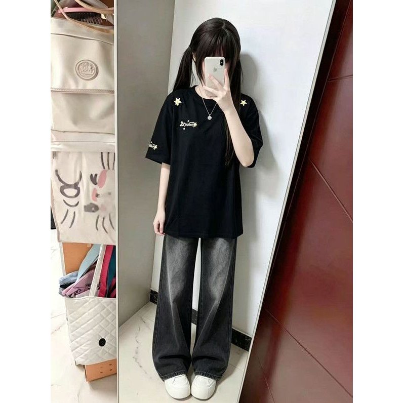 夏季新款字母印花童装短袖T恤女黑灰色直筒阔腿牛仔裤时尚套装女图片