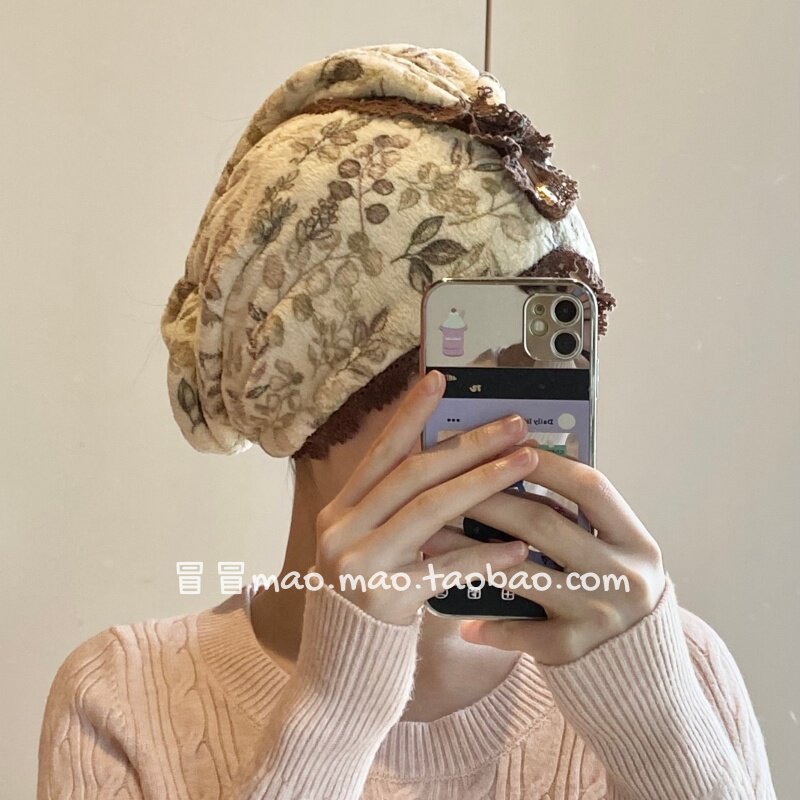 复古田园花朵干发帽女高级感蕾丝花边干发巾套头浴帽加厚超强吸水