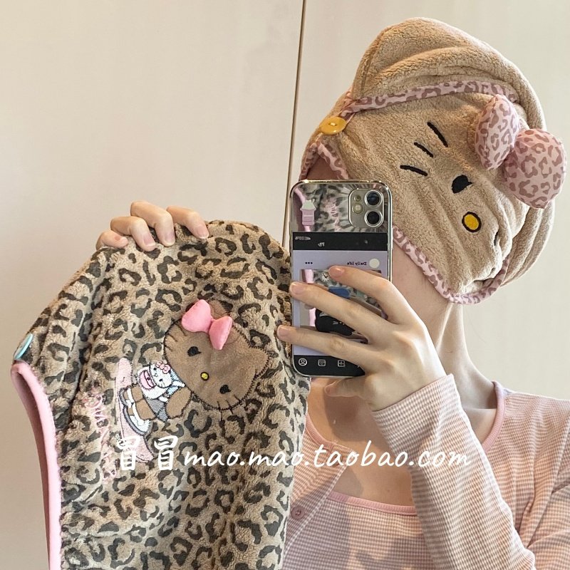 新款可爱Kitty豹纹干发帽女强吸水速干家用套头浴帽干发巾包发巾