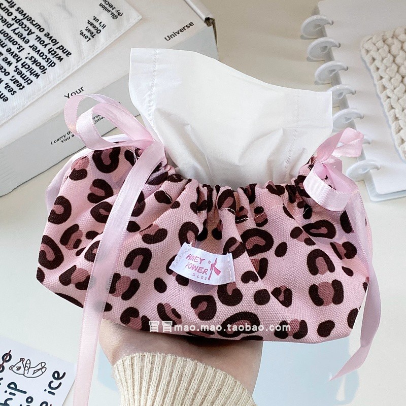 豹纹毛绒纸巾套束口抽绳收纳袋