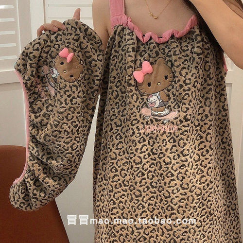 日系ins可爱豹纹猫浴裙珊瑚绒加厚吸水成人洗澡裹巾吊带浴衣家用