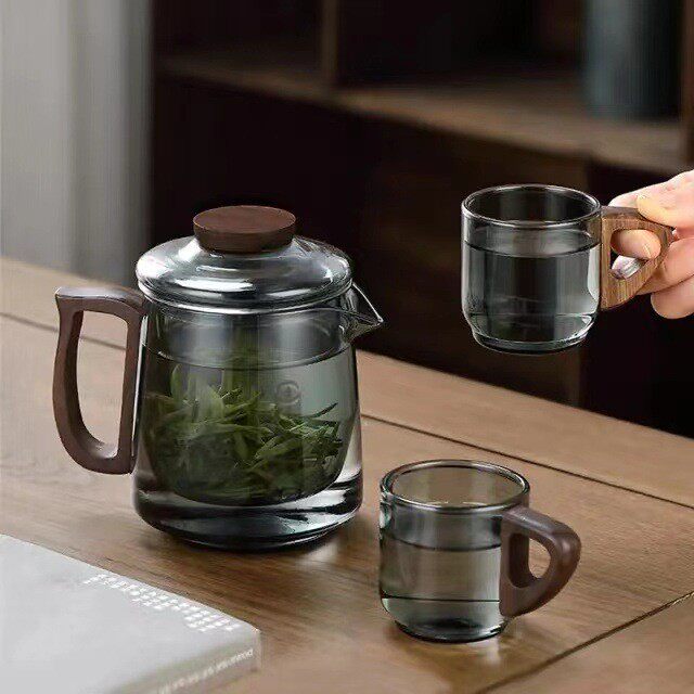 实木把手合欢一壶四杯茶壶家用玻璃耐高温沏煮茶器茶水壶茶具套装