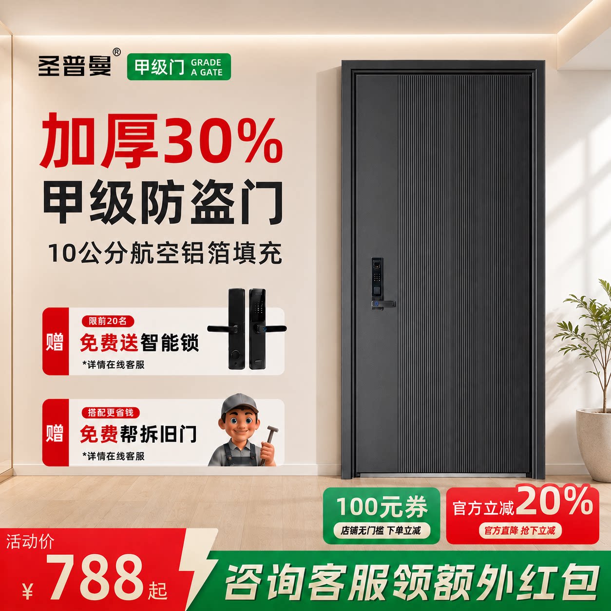 防盗门甲级智能家用高档小区静音子母门隔音进户门简约安全入户门图片