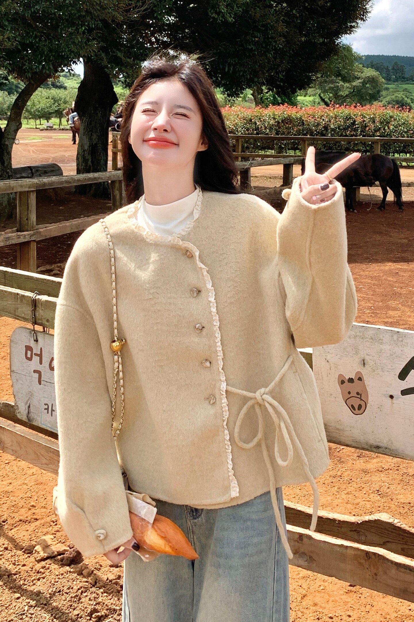 小香风蕾丝花边拼接双面羊毛大衣女短款2025新款减龄百搭毛呢外套,女装毛呢外套,2C298