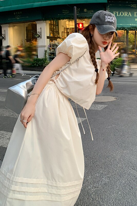 洋气设计款套装裙女2024夏季泡泡袖甜美半身裙两件套冷淡风盐系,女装套装/套裙,2C298