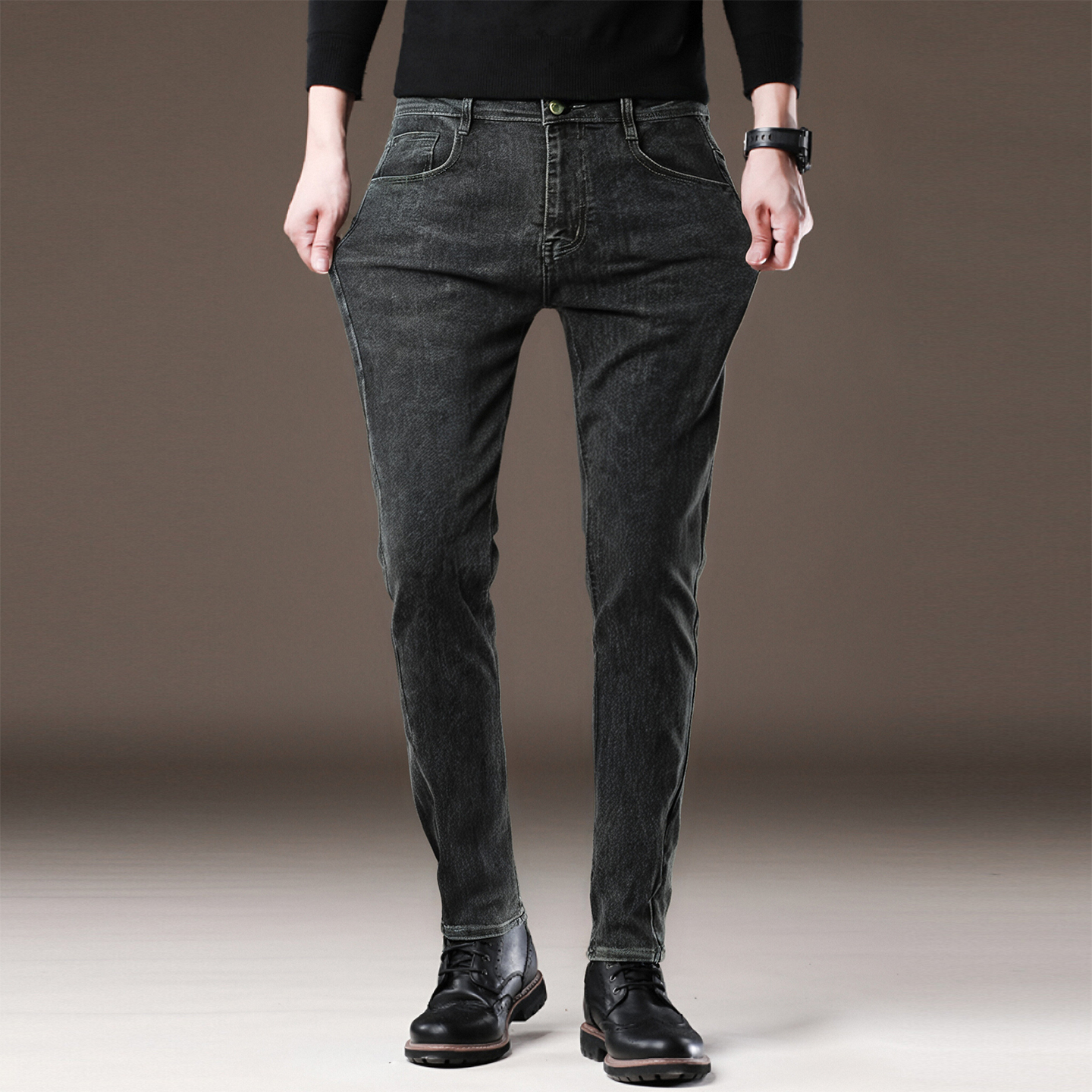 小黑牛 色织高弹舒适 秋季时尚男士修身略小脚休闲牛仔裤Y2074