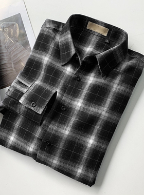 西班牙原单！长绒棉黑灰格子春秋青年男士休闲长袖衬衫衣X0044