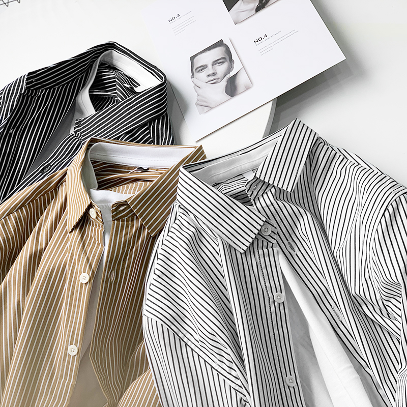 时尚条纹假两件衬衣 柔软舒适春秋季青年男士小白T长袖衬衫A2887