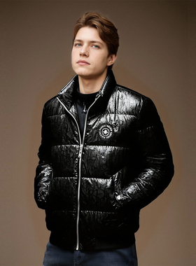 轻奢客供锦缎料 字母提花 冬季高端男士立领短款厚羽绒服F930