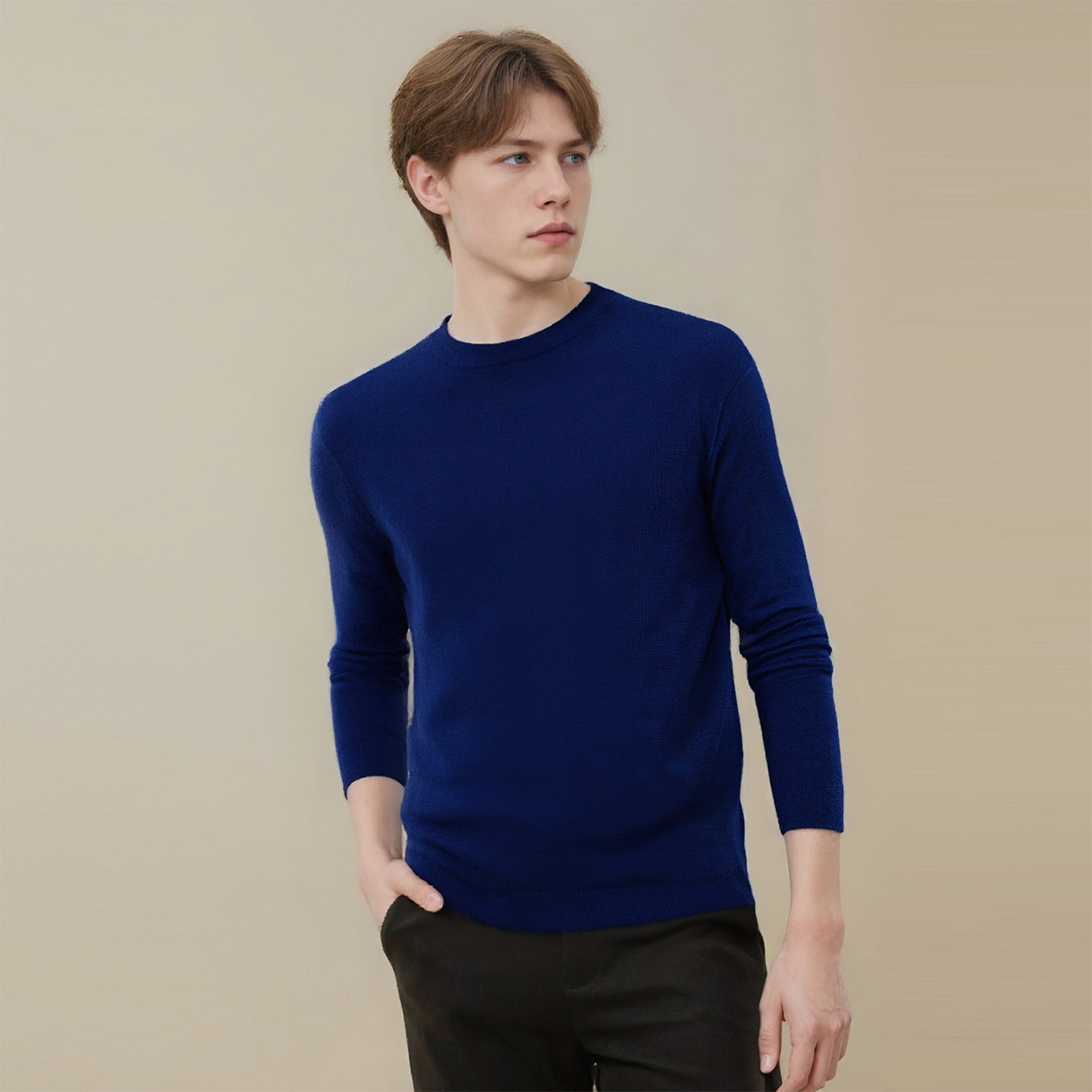 绵羊毛+山羊绒 品牌原单纯色简约圆领男士针织毛衣衫C978