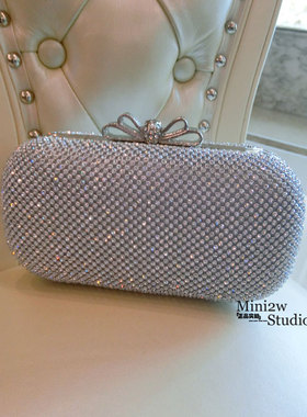 双层蝴蝶结椭圆长款水钻盒包大容量礼服宴会手拿钻包晚宴手拿钻袋