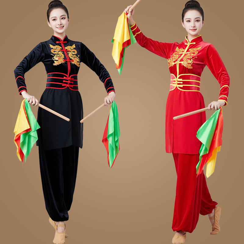 喜庆秧歌服金丝绒舞蹈演出服女广场舞服装套装秋冬新款古典打鼓服