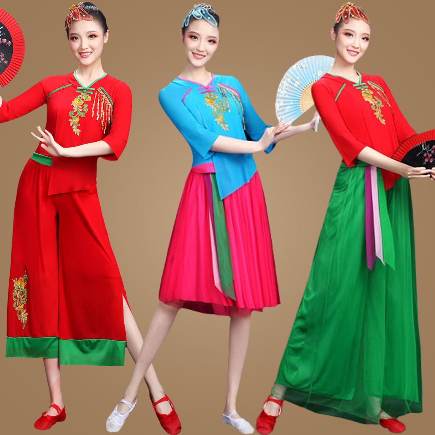 广场舞服装套装纱裤古典民族风秧歌服舞蹈演出服七分袖新款跳舞衣