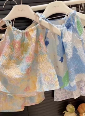 夏季油画风新款吊带套装女童吊带裙裤两件套网红女宝宝洋气背心裙