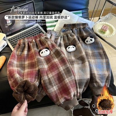 儿童中小童加绒裤子秋冬新款男女宝宝加厚保暖休闲运动裤格子长裤