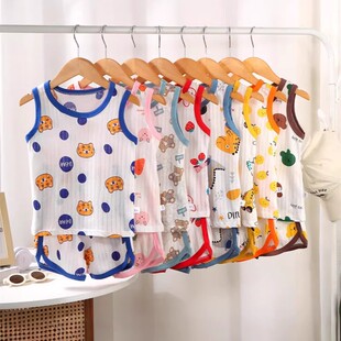 全棉短裤 夏季 睡衣宝宝韩版 男女童无袖 2件套新款 童装 儿童背心套装