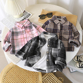 长袖 翻领上衣外套童装 秋款 新款 格子衬衣儿童复古拼色开衫 男童衬衫