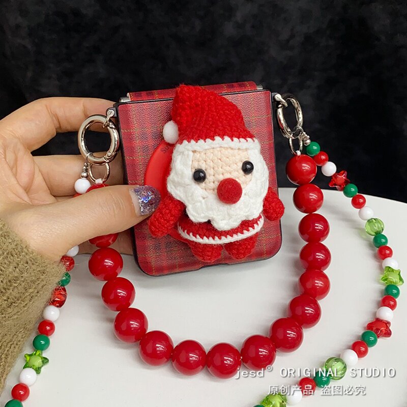 可爱毛绒圣诞老人磁吸支架适用三星zflip765折叠屏n3flip手机壳purax小米mixflip2皮纹pocket2新款荣耀vflip2