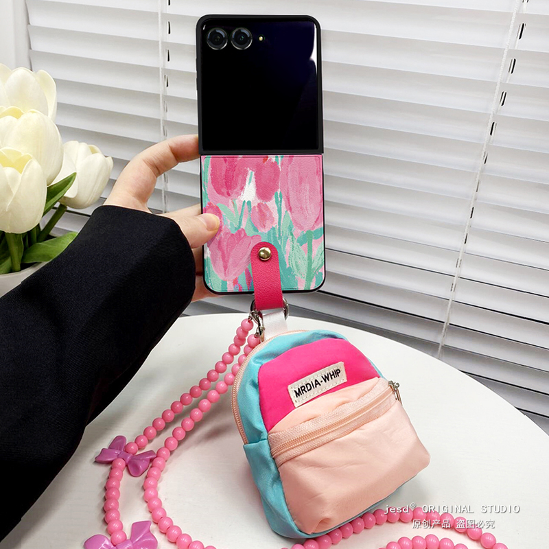 郁金香花朵耳机包适用摩托罗拉moto razr50ulta手机壳斜挎折叠屏Razr50Ultra皮质保护套防摔razr50女新款挂绳