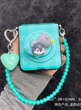 绿色格纹企鹅磁吸支架适用三星zflip7手机壳华为Pura X女款pocket2保护套n3flipf小米flip2荣耀magicvflip