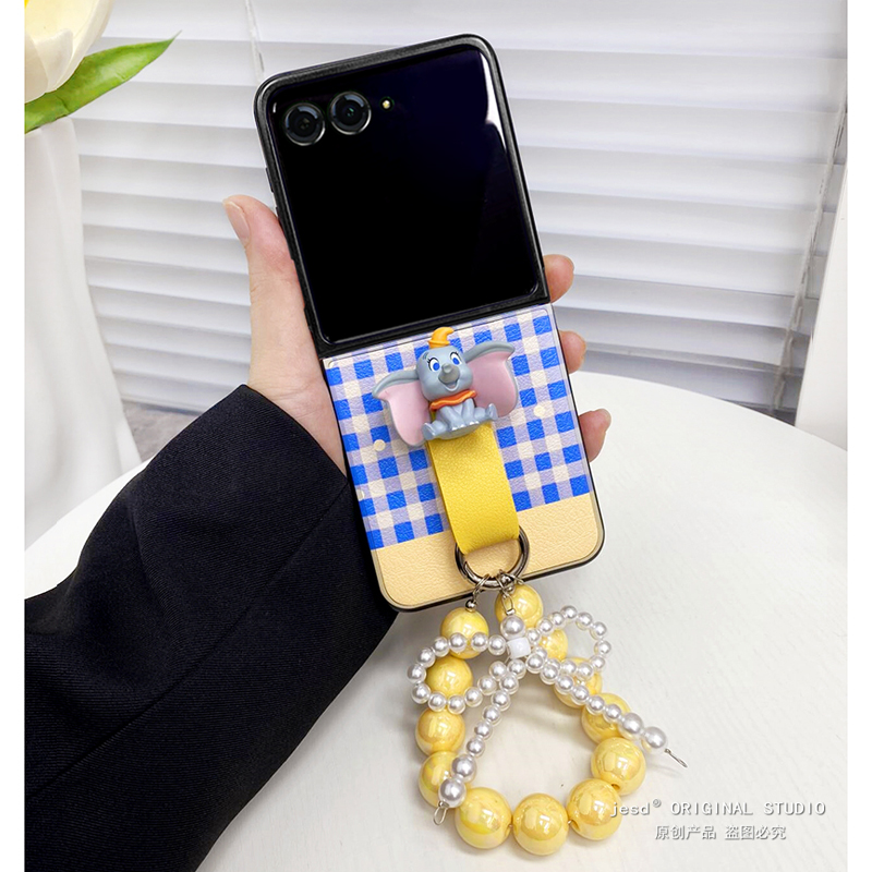 立体公仔小飞象指环适用摩托罗拉moto razr50ulta手机壳折叠屏Razr50Ultra皮质保护套防摔razr50新款链条挂绳