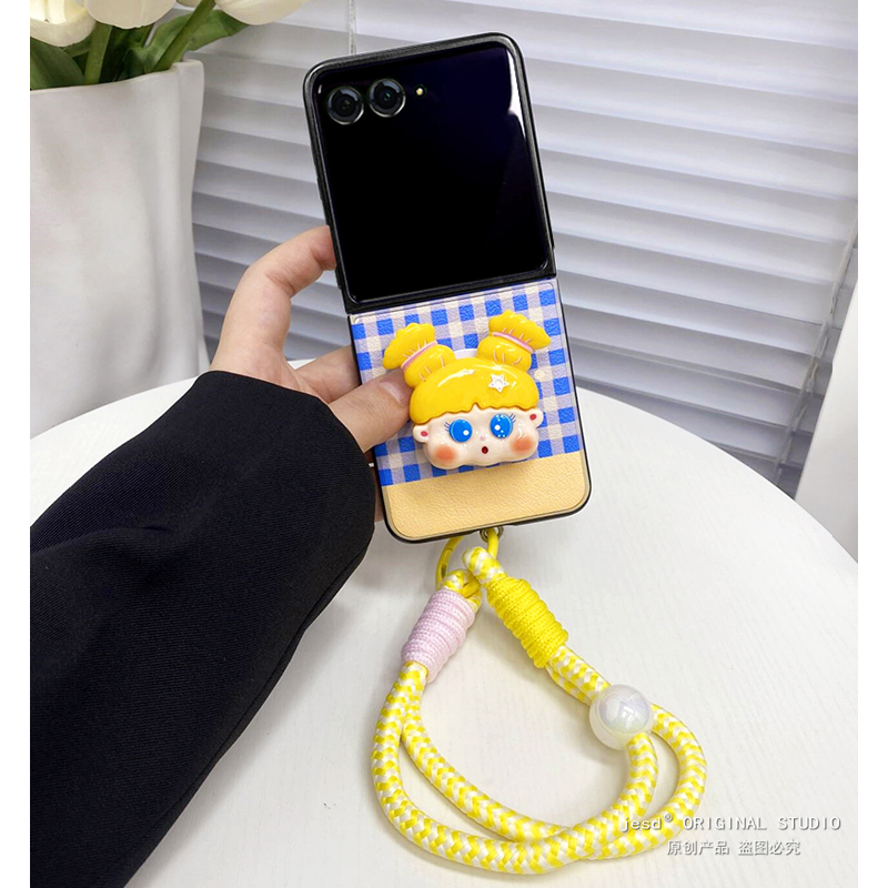 小清新格纹女孩支架适用摩托罗拉moto razr50ulta手机壳折叠屏Razr50Ultra皮质保护套超薄防摔razr50新款挂绳