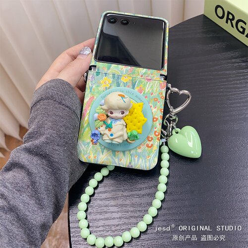ins风油画花朵立体男孩磁吸支架适用摩托罗拉razr50手机壳razr60ultra新款Moto razr50ultra铰链中轴保护套