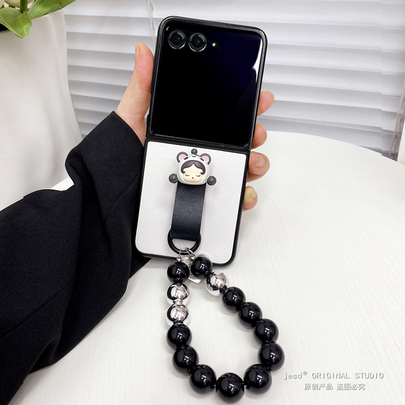 盲盒大熊猫萌粒指环适用摩托罗拉moto razr50ulta手机壳折叠屏Razr50Ultra皮质保护套超薄防摔razr50新款挂绳