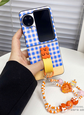 田园风蓝色格子柿子椒熊指环适用oppofindn3flip手机壳皮质OPPO女新款折叠屏FindN2Flip保护套卡通手提手机套