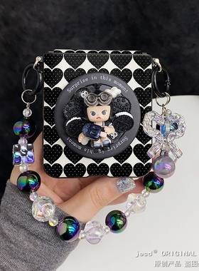 黑色波点爱心molly磁吸支架适用摩托罗拉razr50手机壳razr60ultra新款奥利奥Moto razr50ultra皮纹保护套挂绳