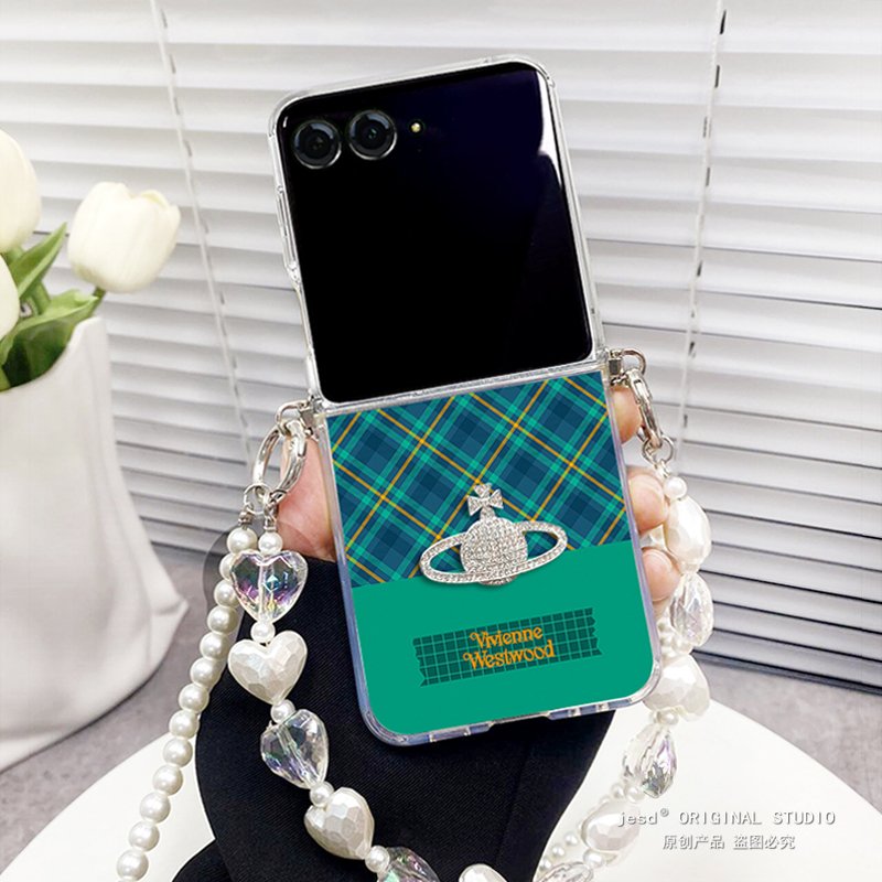 韩系ins风格纹适用摩托罗拉moto razr50ulta手机壳斜挎折叠屏Razr50Ultra保护套razr50新款珍珠挂绳防摔超薄