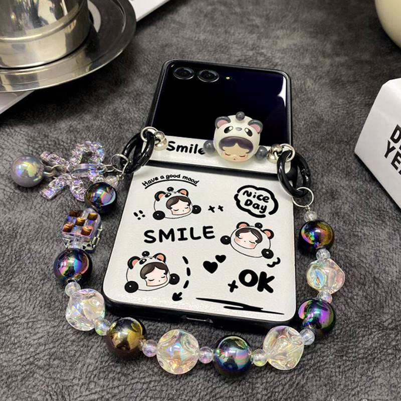 ins可爱大熊猫女孩适用摩托罗拉moto razr50ulta手机壳斜挎珠链条小折叠屏Razr50皮质保护套防摔新款背带挂绳