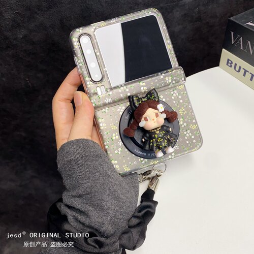 韩系ins小碎花蝴蝶结哭娃适用三星zflip8765折叠屏n3flip手机壳purax小米mixflip2磁吸pocket2荣耀vflip2支架