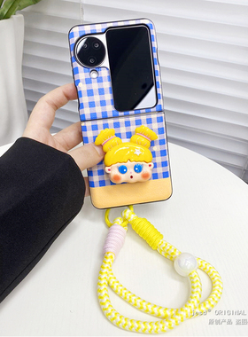 韩系少女支架小清新蓝色格子适用oppofindn3flip手机壳皮纹PPO新款折叠屏FindN2Flip保护套甜美卡通手提挂绳