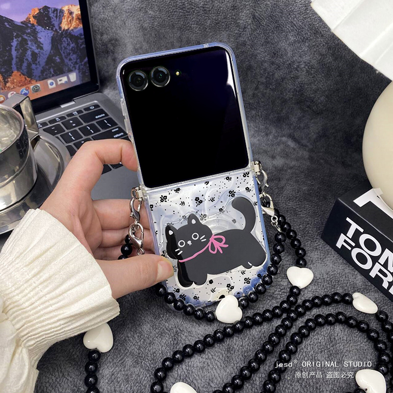ins小众碎花黑猫支架适用摩托罗拉moto razr50ulta手机壳斜挎折叠屏Razr50Ultra保护套防摔razr50女新款挂绳