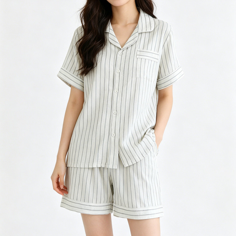 纯棉双层纱睡衣女春夏季新款无印良品风短袖全棉男款情侣家居服