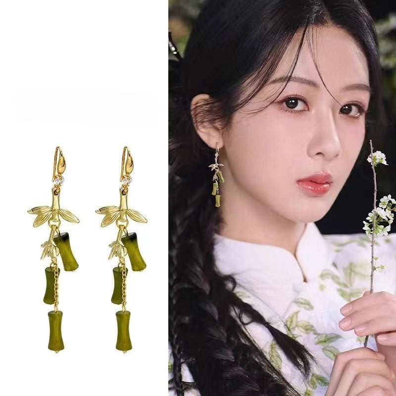 杨紫同款绿色竹节耳环女新中式高级感气质流苏耳饰马面裙旗袍配饰