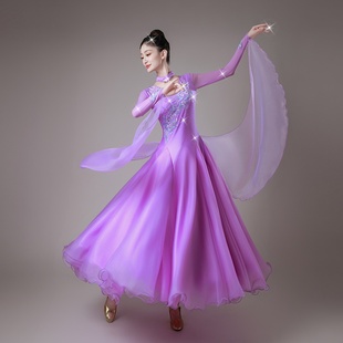 新款摩登舞女镶钻国标舞连衣裙华尔兹狐步比赛服交谊舞大摆演出服