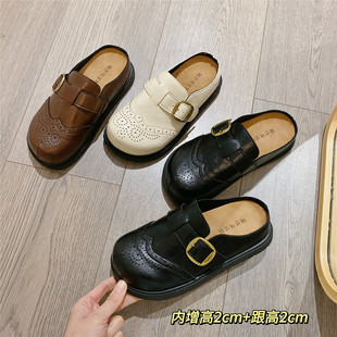 复古皮面搭扣百搭包头半拖女2026春季新款内增高厚底松糕拖鞋女鞋