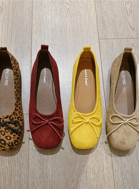 玛丽珍鞋蝴蝶结方头黄色单鞋2026春季新款韩版软底平底浅口豆豆鞋