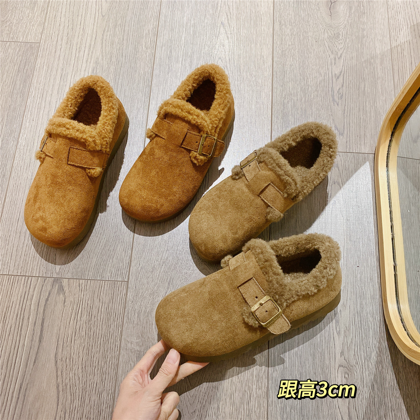 复古勃肯鞋毛毛鞋英伦风百搭单鞋女乐福鞋2025冬季新款加绒棉鞋女
