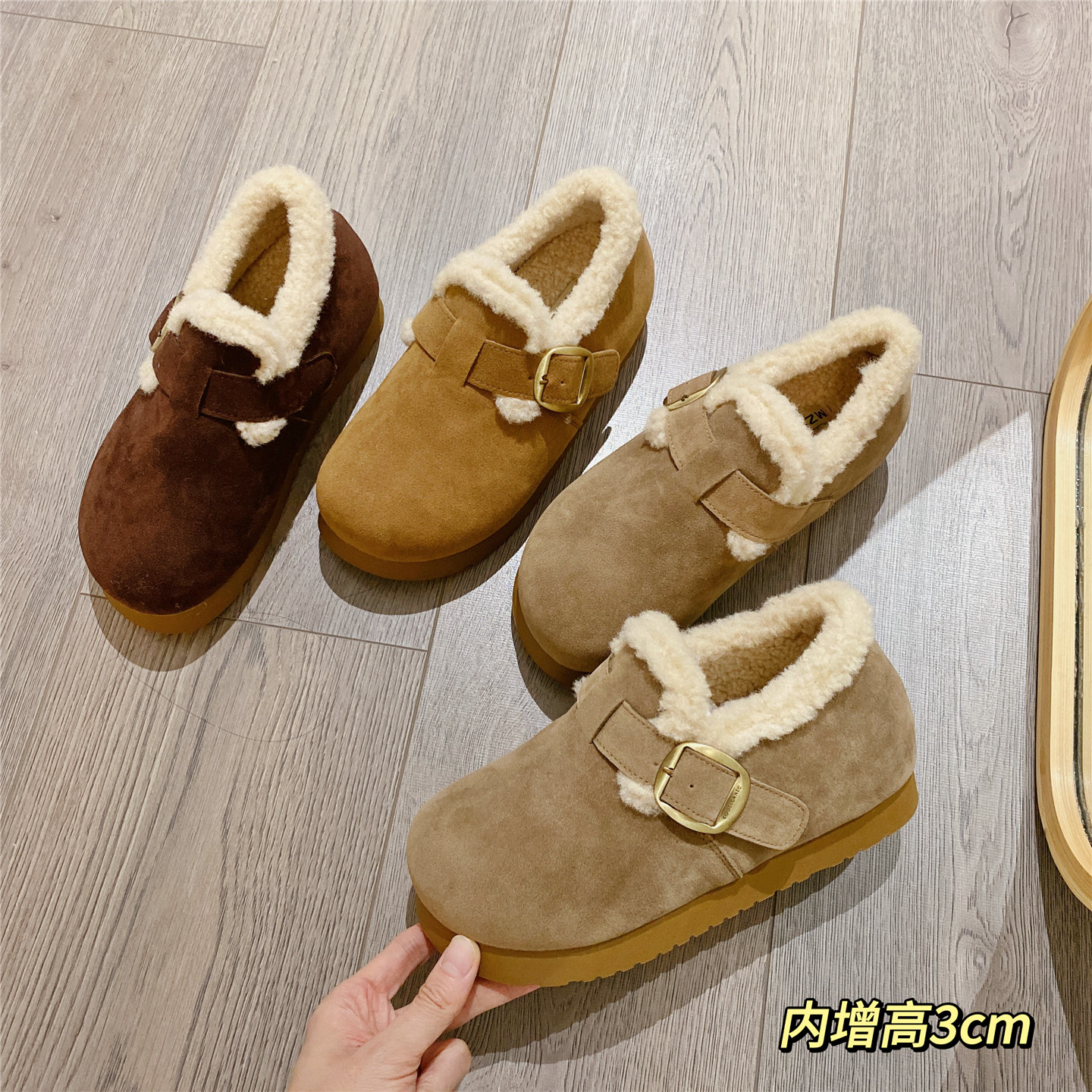 雪地鞋搭扣毛毛鞋加绒勃肯鞋2025冬季新款厚底松糕单鞋保暖棉鞋