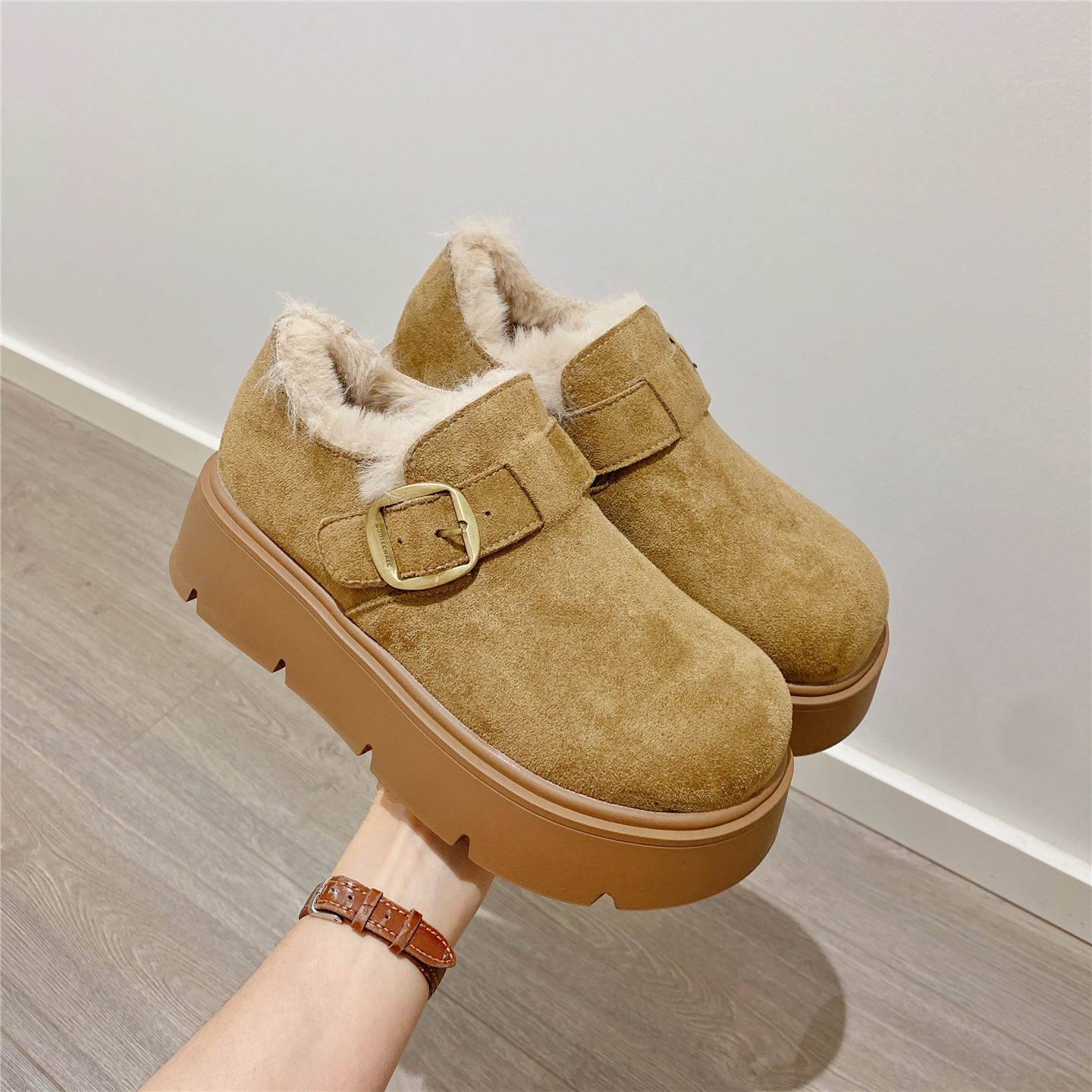 加绒搭扣勃肯鞋毛毛鞋女2025冬季新款乐福鞋保暖厚底鞋单鞋棉鞋女