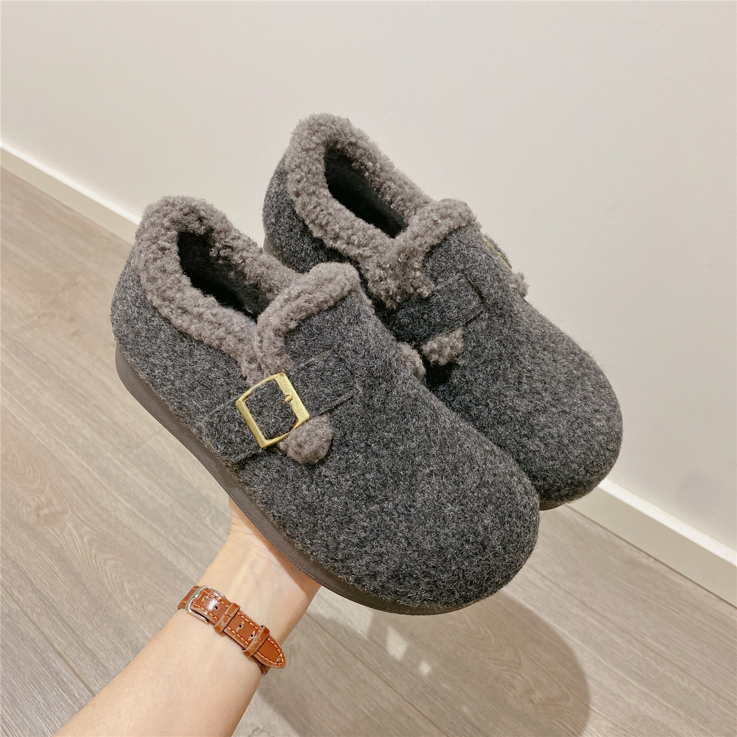 复古勃肯鞋毛毛鞋英伦风百搭单鞋女乐福鞋2025冬季新款加绒棉鞋女