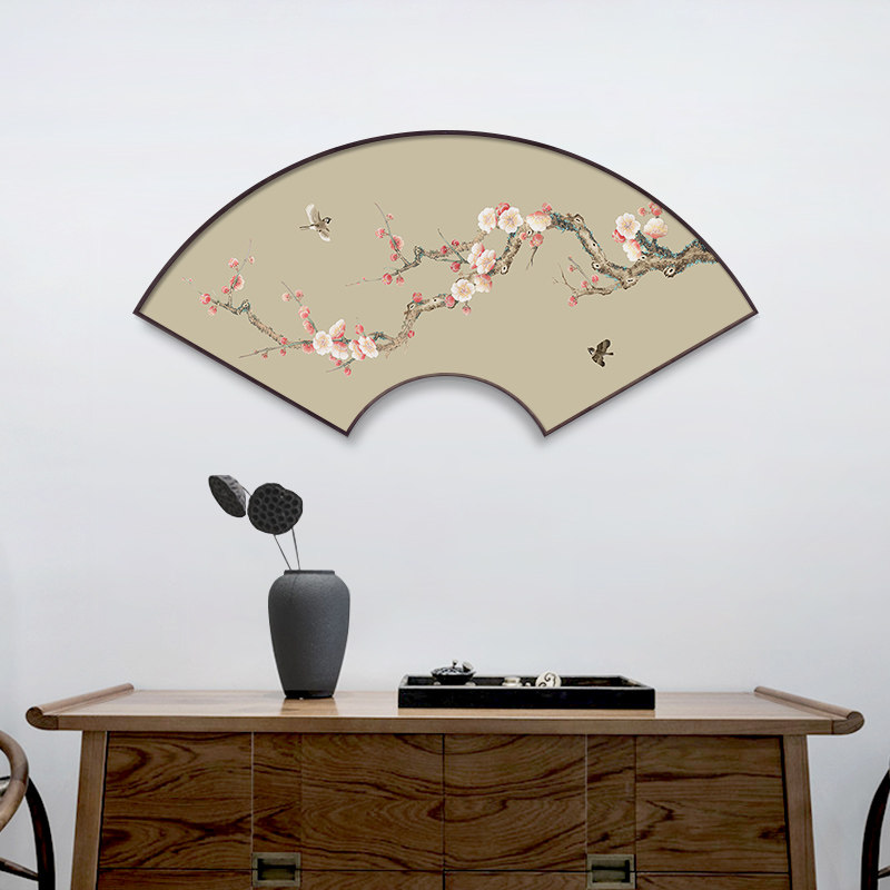 网红鸟扇形饰画花新中装式挂书房现代装饰画