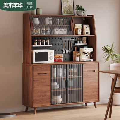胡桃色复古风餐边柜靠墙一体家用厨房客厅酒柜现代简约置物架橱柜