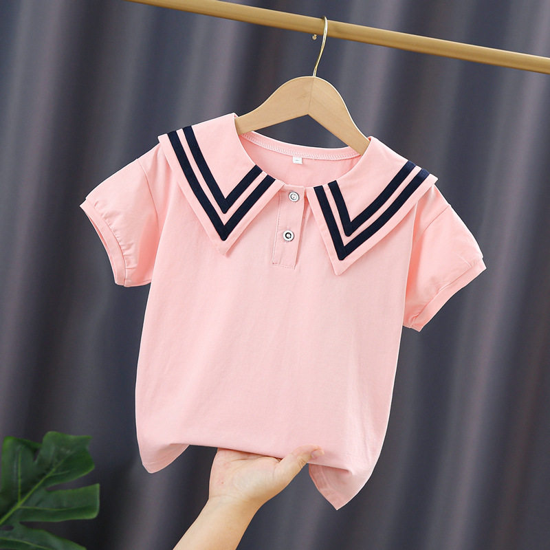 女童短袖t恤翻领海军领白色夏季薄款学院风儿童纯棉打底衫短上衣