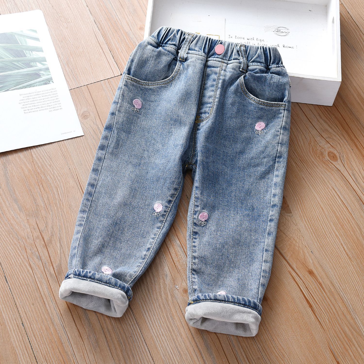 女童加绒牛仔裤秋冬洋气刺绣外穿