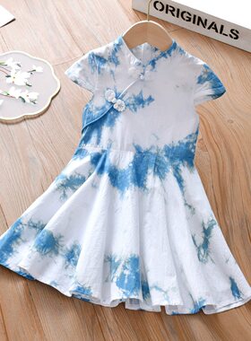 女童手工植物蓝染汉服连衣裙