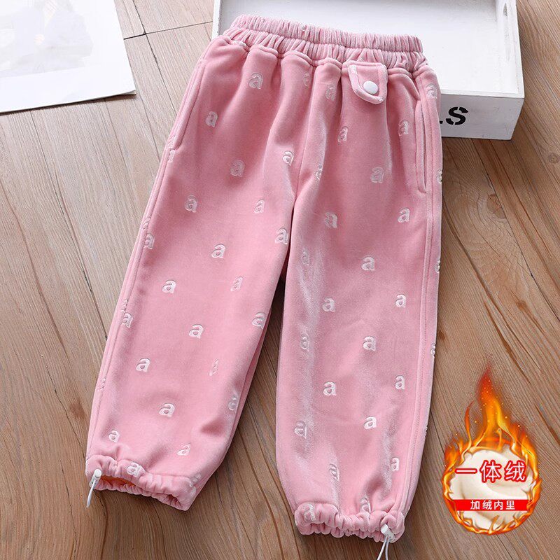 女童薄绒裤子春秋加绒2026新款粉色卫裤小女孩长裤儿童保暖运动裤